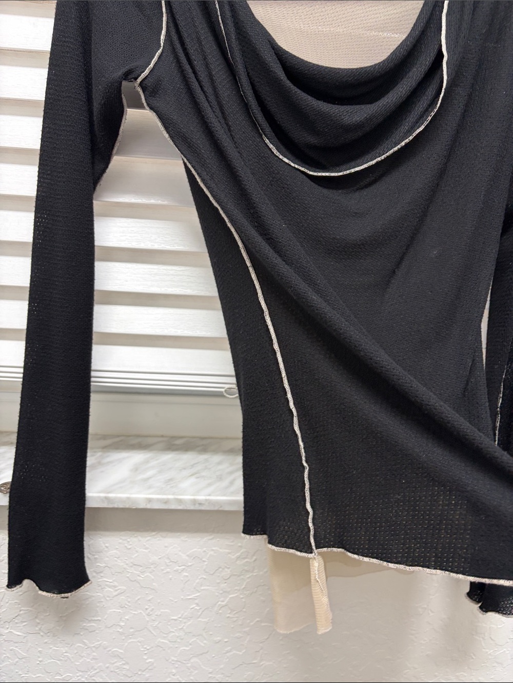 Pete Black Draped Cowl Neck Long Sleeve Top with Cream Trim - Picture 3 of 6